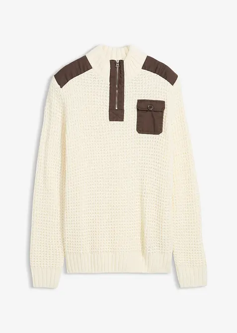 Maglione in filato grosso con zip e applicazioni in tessuto, bonprix