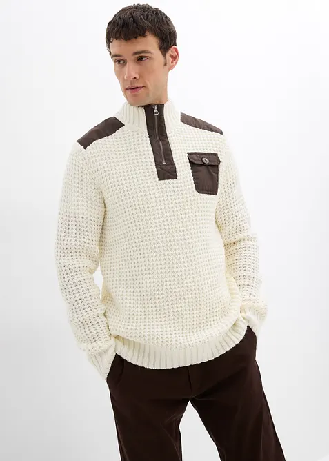 Maglione in filato grosso con zip e applicazioni in tessuto, bonprix