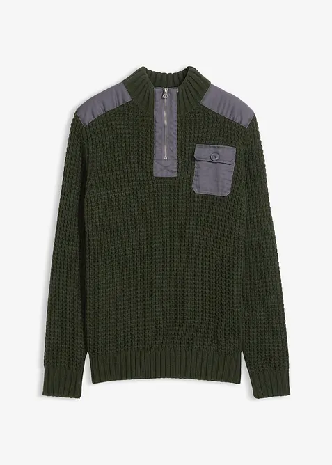 Maglione in filato grosso con zip e applicazioni in tessuto, bonprix