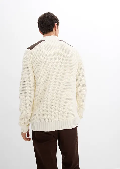 Maglione in filato grosso con zip e applicazioni in tessuto, bonprix