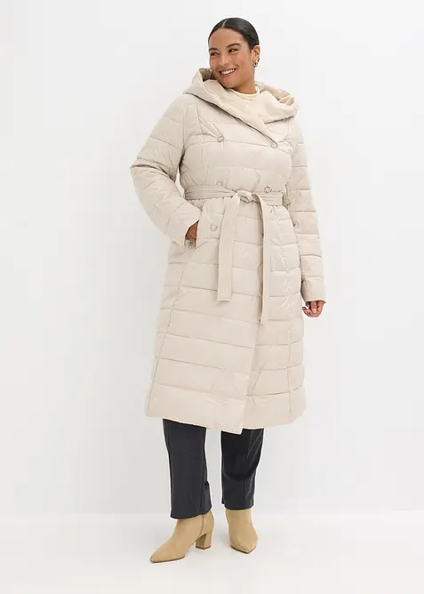 Cappotto trapuntato con inserto in simil lana e cintura da annodare, bonprix