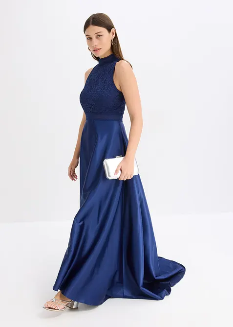 Abito lungo in satin lucido con pizzo, bonprix