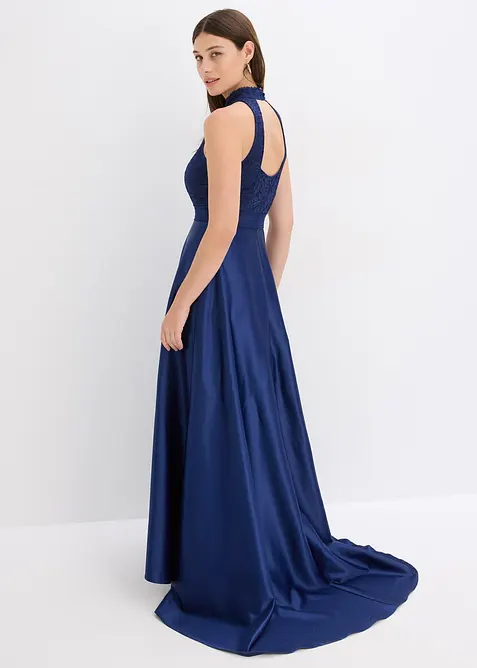 Abito lungo in satin lucido con pizzo, bonprix