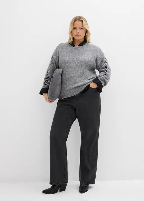 Jeans straight loose fit con cinta comoda e strass, vita alta, bonprix