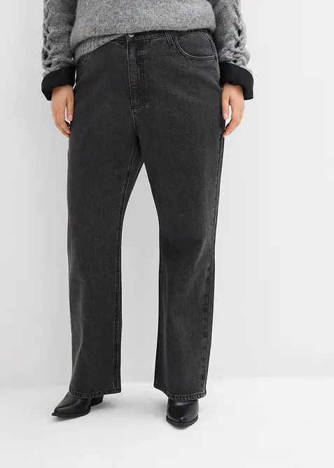 Jeans straight loose fit con cinta comoda e strass, vita alta, bonprix