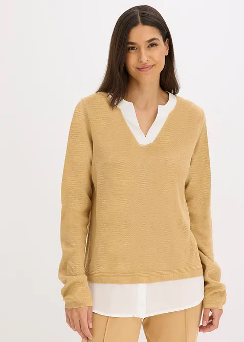 Maglione in filato fine con inserti effetto camicia, bonprix