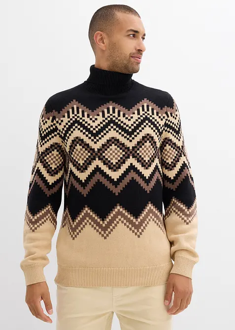 Maglione a collo alto in morbido misto cotone con fantasia ikat., bonprix