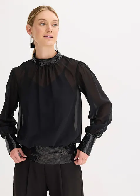 Blusa in tulle fine con paillettes, bonprix