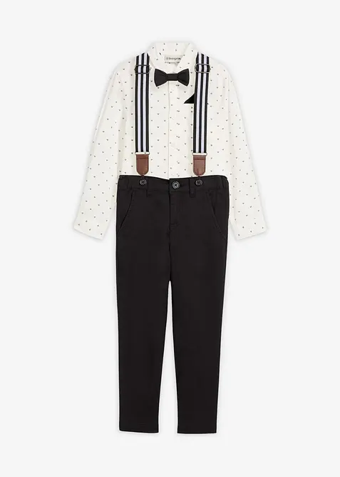 Camicia a maniche lunghe, pantaloni elasticizzati, bretelle e papillon (set 4 pezzi), bonprix