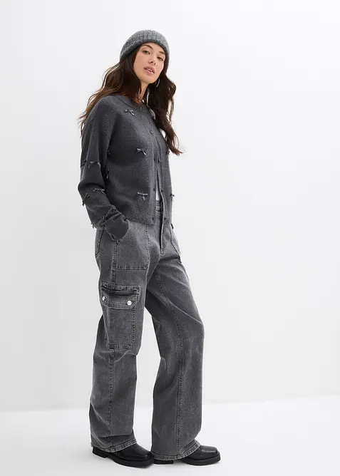 Cardigan in filato fine con fiocchetti, bonprix