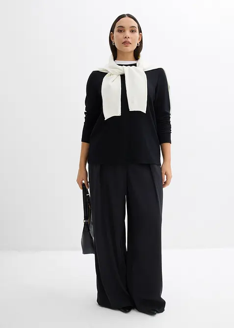 Maglia a maniche lunghe in misto viscosa con collo a coste a contrasto, bonprix