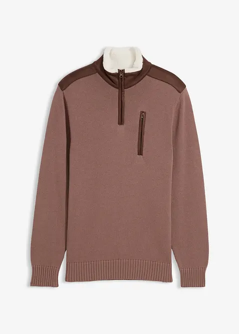 Maglione con mezza zip e inserto in tessuto, bonprix