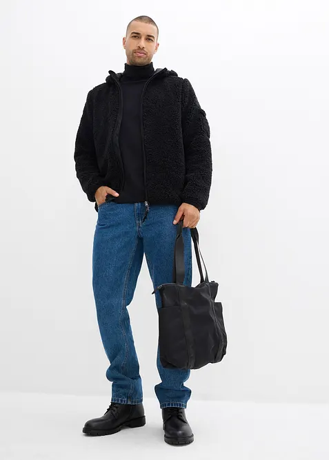 Giacca in pile teddy con rifiniture in tessuto e cappuccio, bonprix