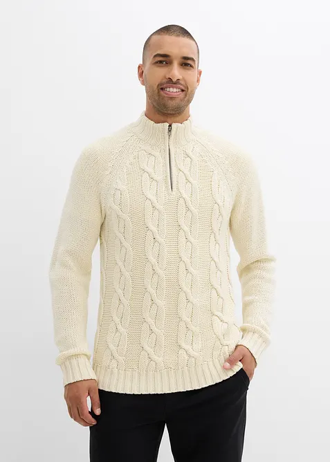 Maglione a collo alto con zip e torciglioni in morbido misto cotone a filato grosso, bonprix