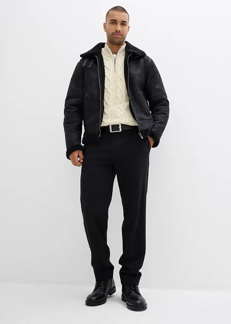 Maglione a collo alto con zip e torciglioni in morbido misto cotone a filato grosso, bonprix