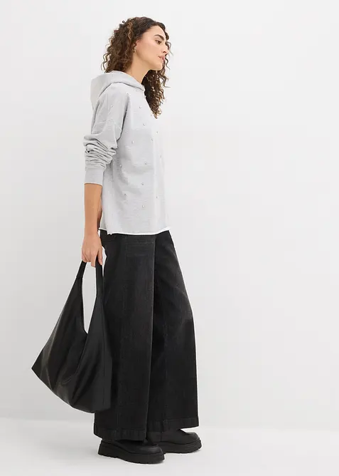 Felpa oversize con cappuccio e pietre decorative, bonprix
