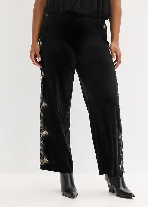 Pantaloni larghi in velluto morbido con inserto di pizzo, bonprix