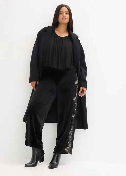Pantaloni larghi in velluto morbido con inserto di pizzo, bonprix
