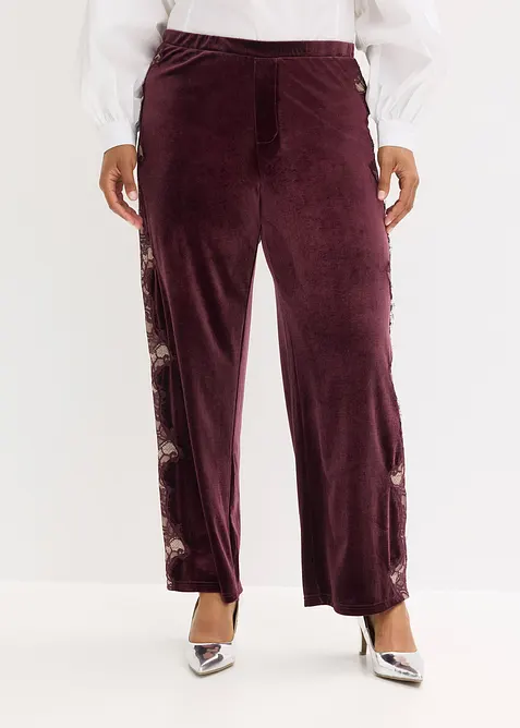 Pantaloni larghi in velluto morbido con inserto di pizzo, bonprix
