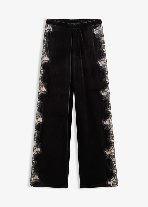 Pantaloni larghi in velluto morbido con inserto di pizzo, bonprix