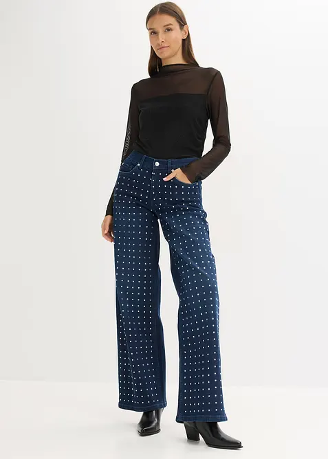 Jeans wide leg con applicazione di strass, vita media, bonprix