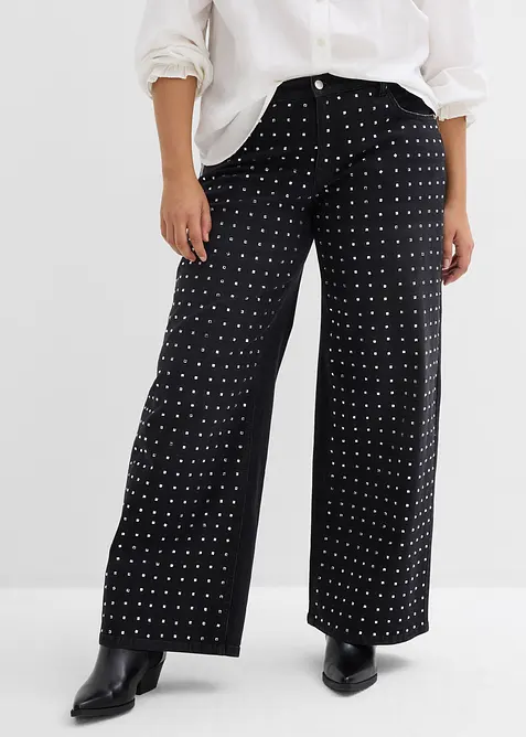 Jeans loose fit straight con applicazione di strass, vita alta, bonprix