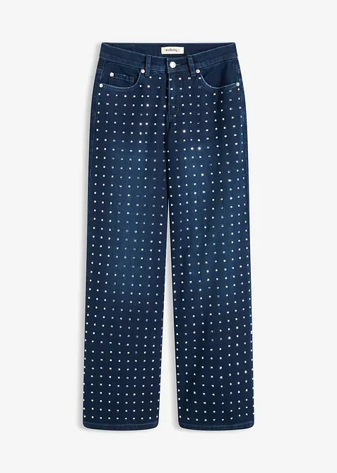 Jeans wide leg con applicazione di strass, vita media, bonprix