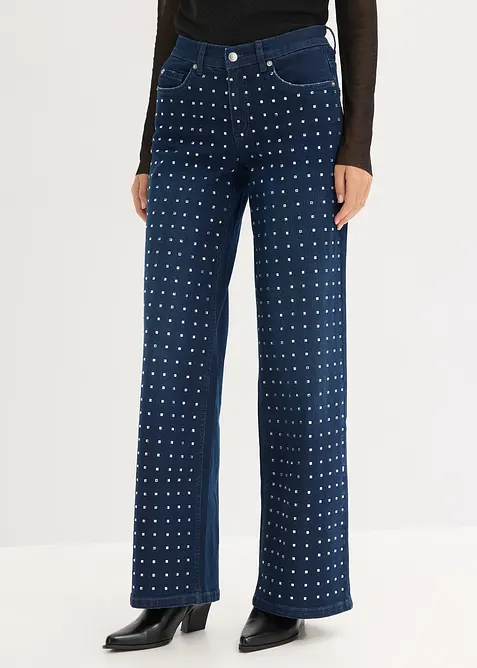 Jeans wide leg con applicazione di strass, vita media, bonprix
