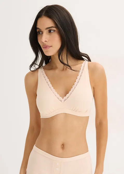 Bralette a costine con cotone biologico e pizzo, bonprix