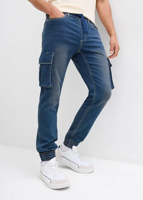 Jogger cargo di jeans con elastico in vita slim fit, straight, bonprix