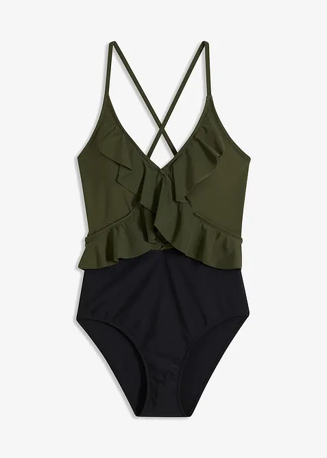 Costume intero con cut-out e volant, bonprix