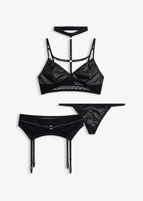 Bralette, perizoma,  reggicalze in look bagnato (set 3 pezzi), bonprix