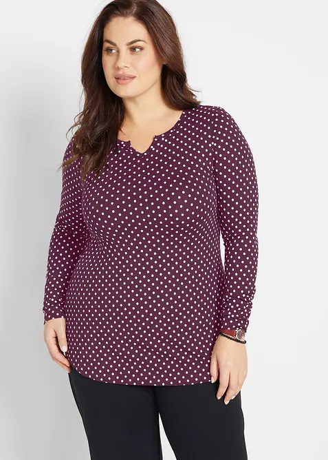 Maglia in cotone a pois con maniche lunghe e spacchi laterali, bonprix