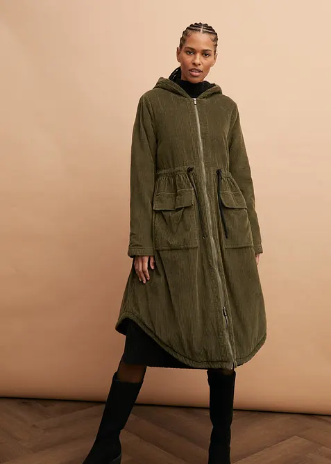 Cappotto in velluto a coste con cappuccio in pile teddy di puro cotone, bonprix