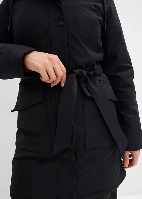 Cappotto outdoor corto idrorepellente con cintura e fodera leopardata, bonprix