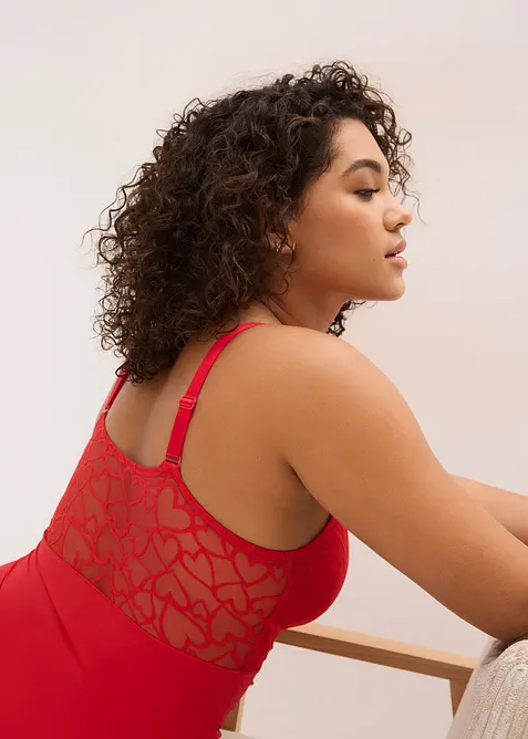 Body con pizzo a cuoricini ed effetto modellante medio, bonprix