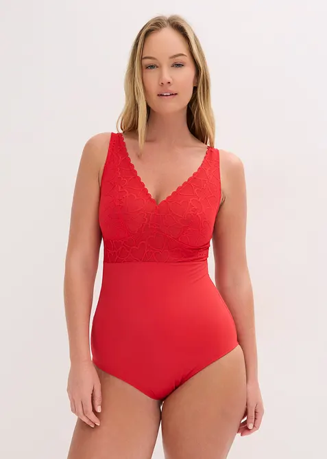 Body con pizzo a cuoricini ed effetto modellante medio, bonprix
