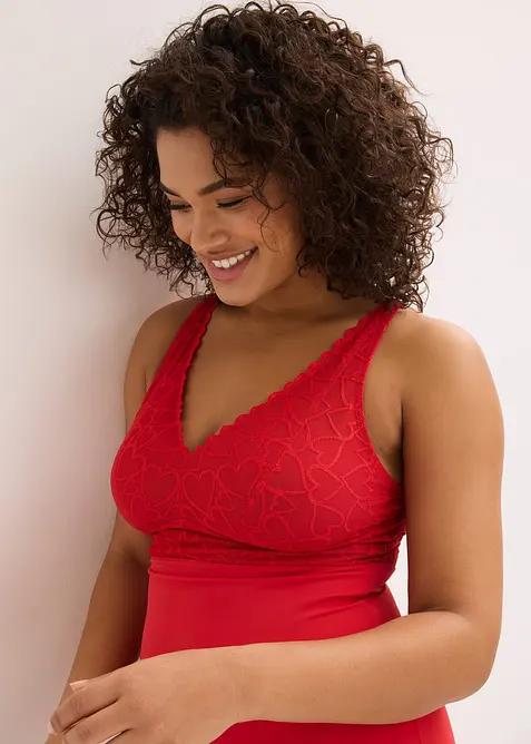 Body con pizzo a cuoricini ed effetto modellante medio, bonprix