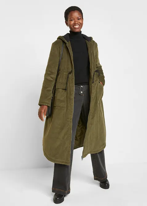 Cappotto in velluto a coste con cappuccio in pile teddy di puro cotone, bonprix