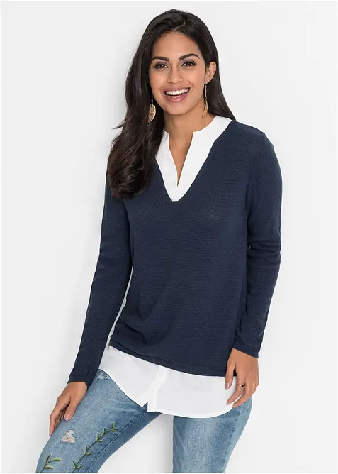 Maglione in filato fine con inserti effetto camicia, bonprix