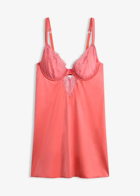 Baby-doll in materiale lucido con ricami floreali, bonprix