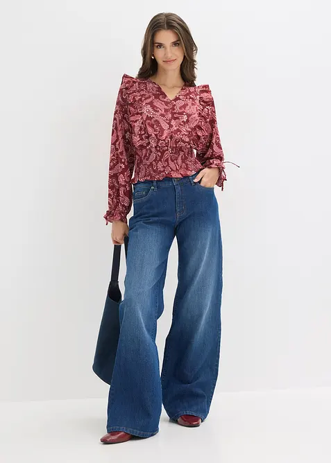 Blusa con volant e inserto smock, bonprix