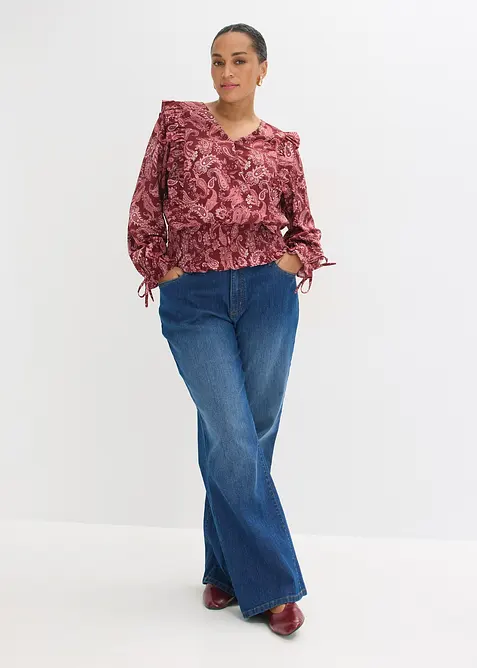 Blusa con volant e inserto smock, bonprix