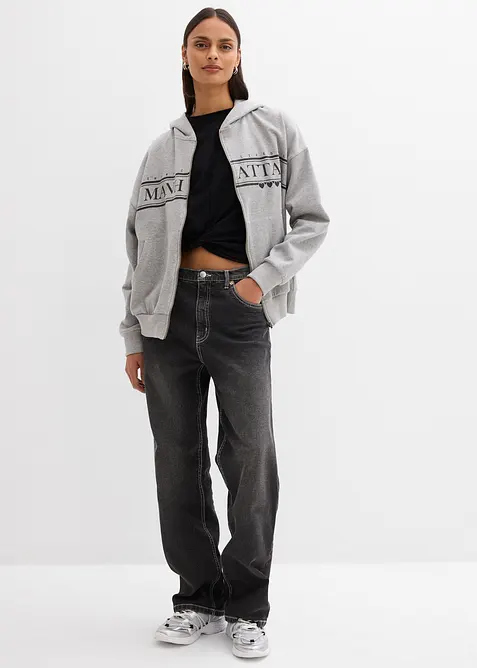 Felpa larga in puro cotone biologico con zip e cappuccio, bonprix