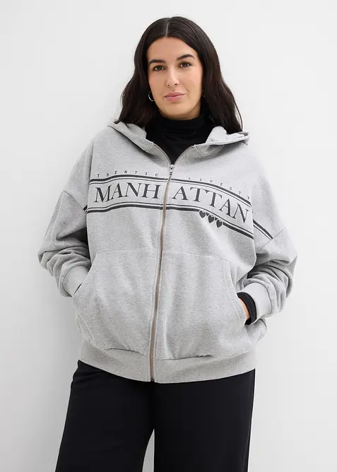 Felpa larga in puro cotone biologico con zip e cappuccio, bonprix