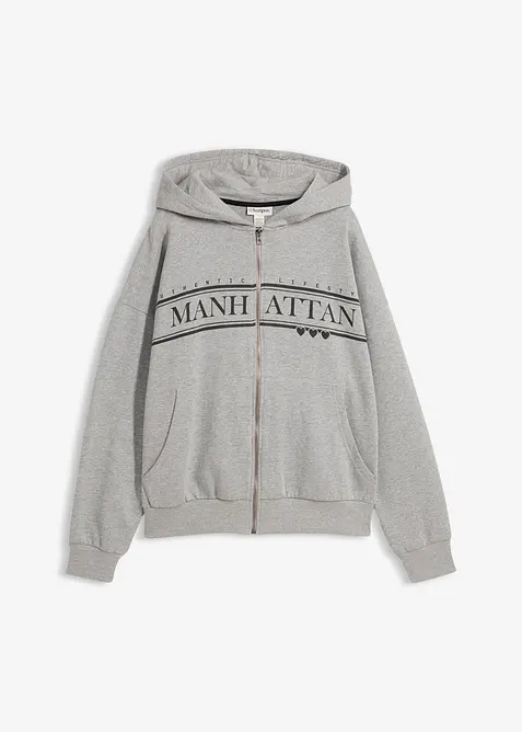 Felpa larga in puro cotone biologico con zip e cappuccio, bonprix