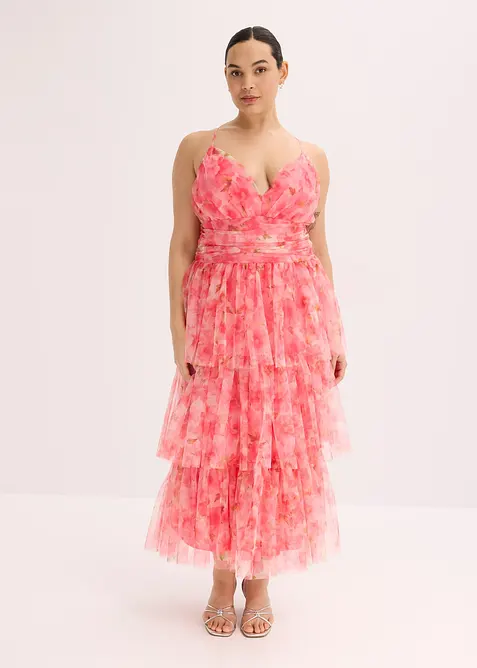 Abito midi in tulle fine con volant, bonprix
