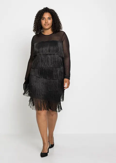 Abito midi in mesh vaporoso con frange, bonprix