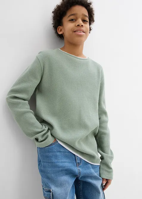 Maglia 2 in 1 a maniche lunghe in puro cotone effetto waffle, bonprix