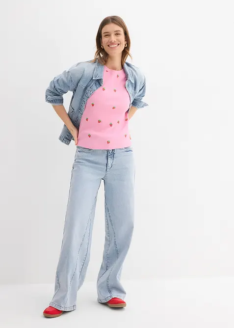 T-shirt a costine in puro cotone biologico con ricami, bonprix